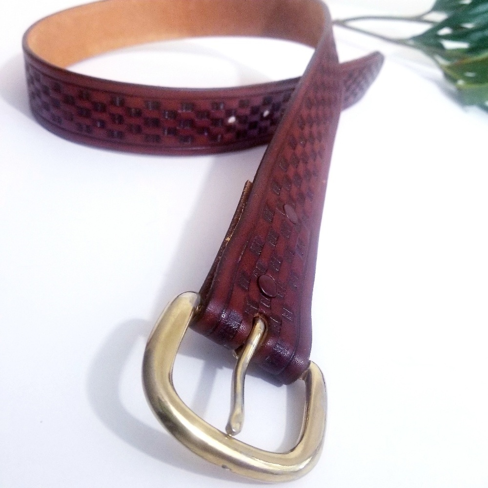 Tex Tan vintage checkered pattern brown leather belt